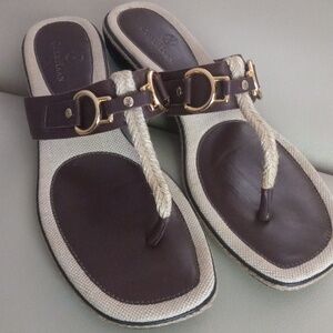 Vintage Cole Haan NikeAir Brown Cream Rope Thong Sandals w/Gold Accents Sz 9.5